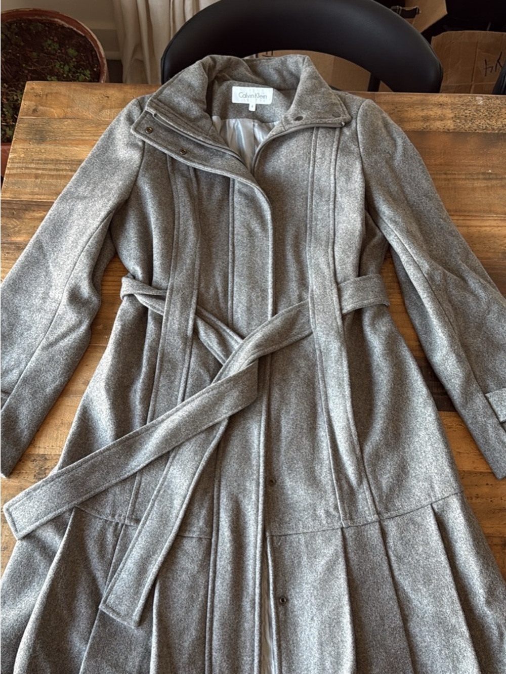 Calvin Klein Gray Wool-Blend Belted Trench Coat